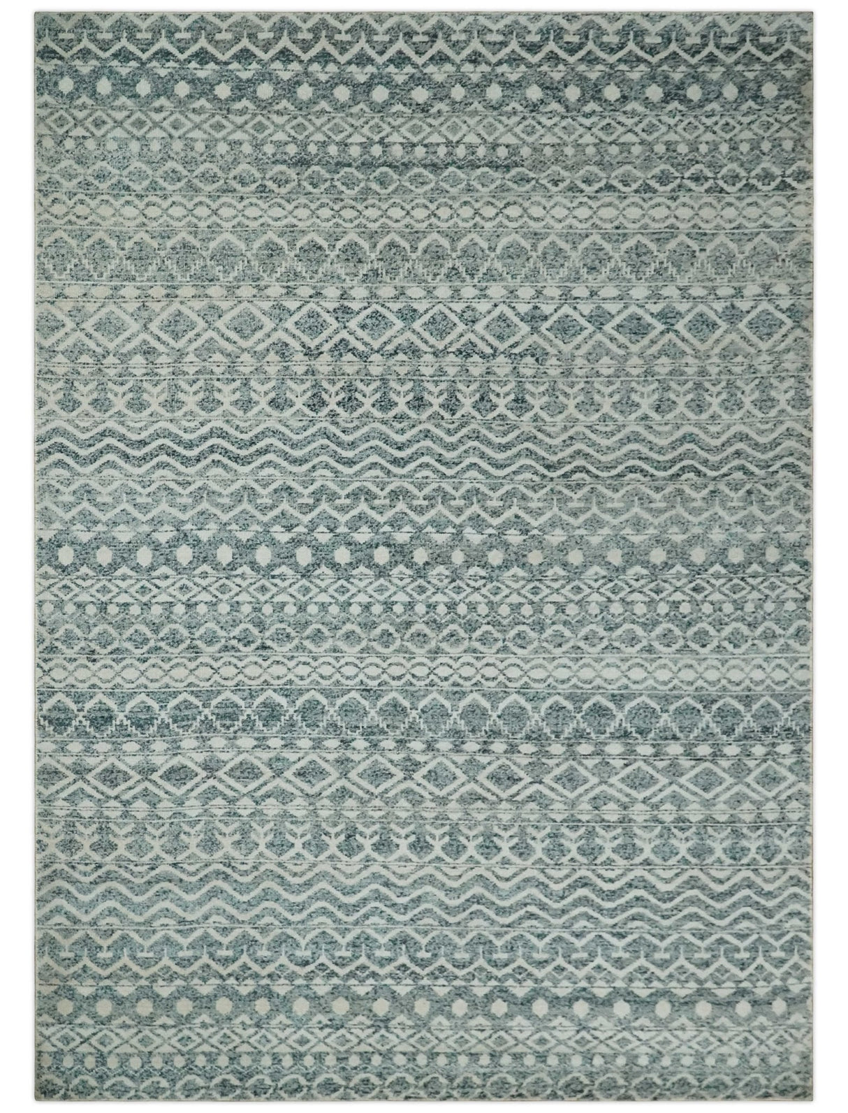 9x13 Hand Knotted Ivory and Teal Blue Modern Contemporary Southwestern Tribal Trellis Recycled Silk Area Rug