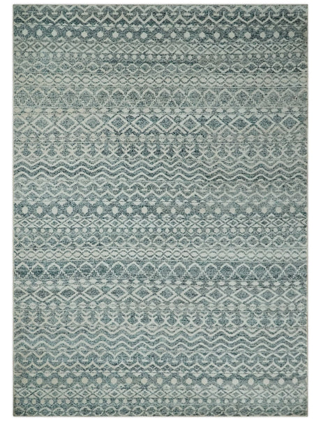 9x13 Hand Knotted Ivory and Teal Blue Modern Contemporary Southwestern Tribal Trellis Recycled Silk Area Rug