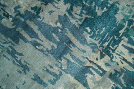 9x9 Square Teal and Beige Modern Abstract Handmade Wool and Art Silk Area Rug