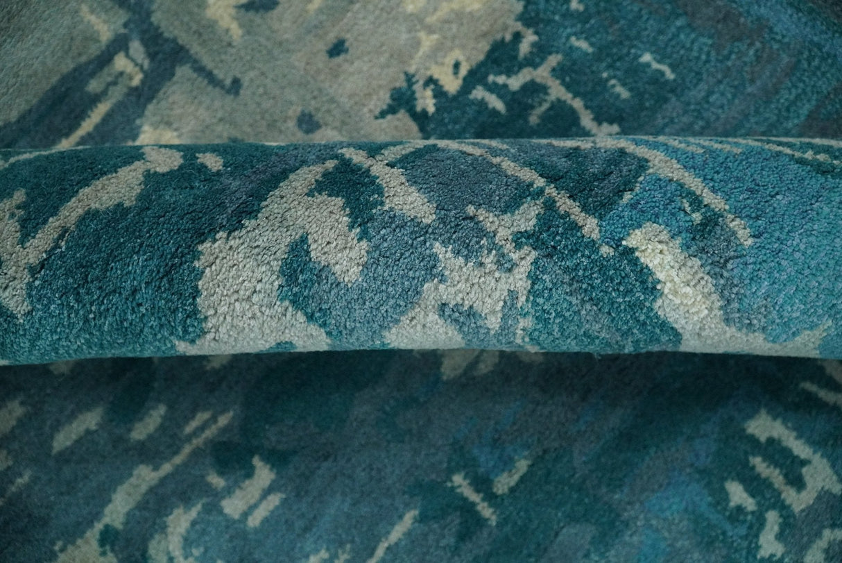 9x9 Square Teal and Beige Modern Abstract Handmade Wool and Art Silk Area Rug