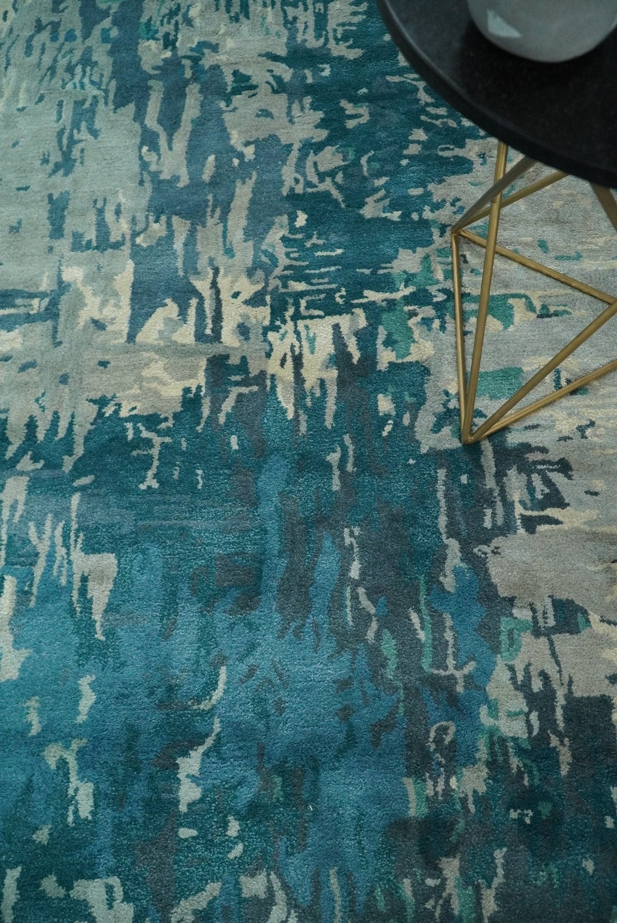 9x9 Square Teal and Beige Modern Abstract Handmade Wool and Art Silk Area Rug