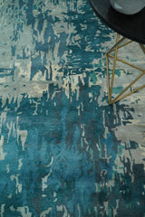 9x9 Square Teal and Beige Modern Abstract Handmade Wool and Art Silk Area Rug