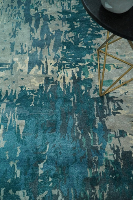 9x9 Square Teal and Beige Modern Abstract Handmade Wool and Art Silk Area Rug