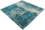 9x9 Square Teal and Beige Modern Abstract Handmade Wool and Art Silk Area Rug