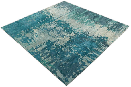 9x9 Square Teal and Beige Modern Abstract Handmade Wool and Art Silk Area Rug