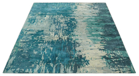 9x9 Square Teal and Beige Modern Abstract Handmade Wool and Art Silk Area Rug
