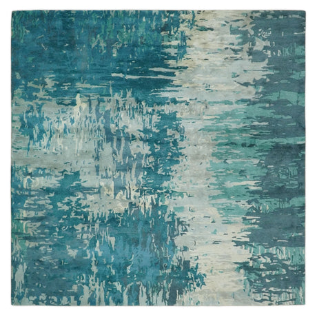 9x9 Square Teal and Beige Modern Abstract Handmade Wool and Art Silk Area Rug