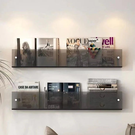 Avenue wall-mounted magazine shelf in smoke acrylic, holding magazines on a white wall.