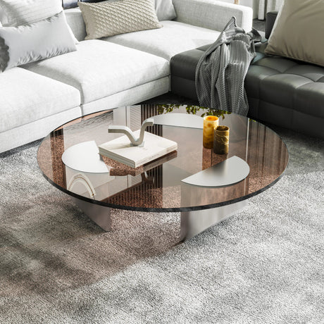 Bassano Coffee Table: Round bronze glass top with silver metal base and storage compartments.