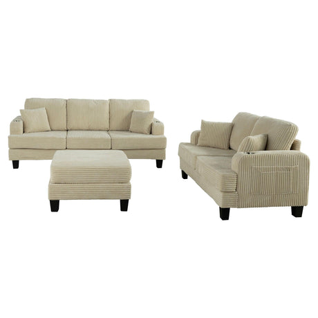 Beige 3 Piece Set Comfy Sofa Couch 3-Seater & Loveseat Sofa with Storage Ottoman with USB-Parc Decor