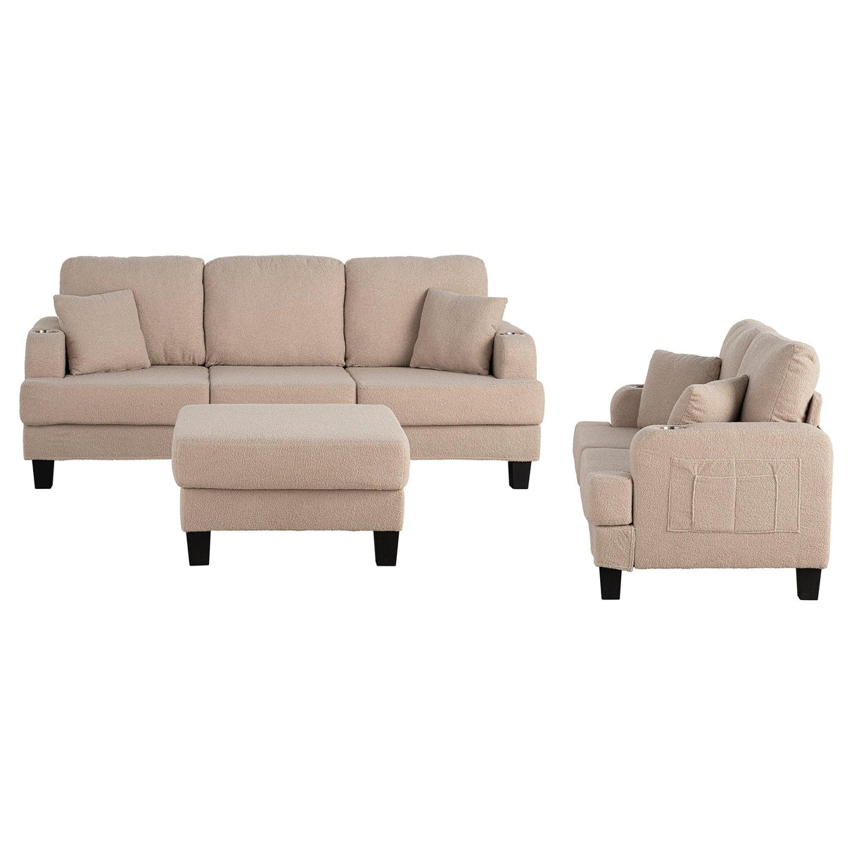 Beige 3-Piece Sofa Set with Storage Ottoman & USB Charging-Parc Decor