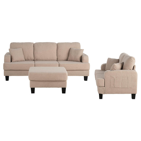 Beige 3-Piece Sofa Set with Storage Ottoman & USB Charging-Parc Decor