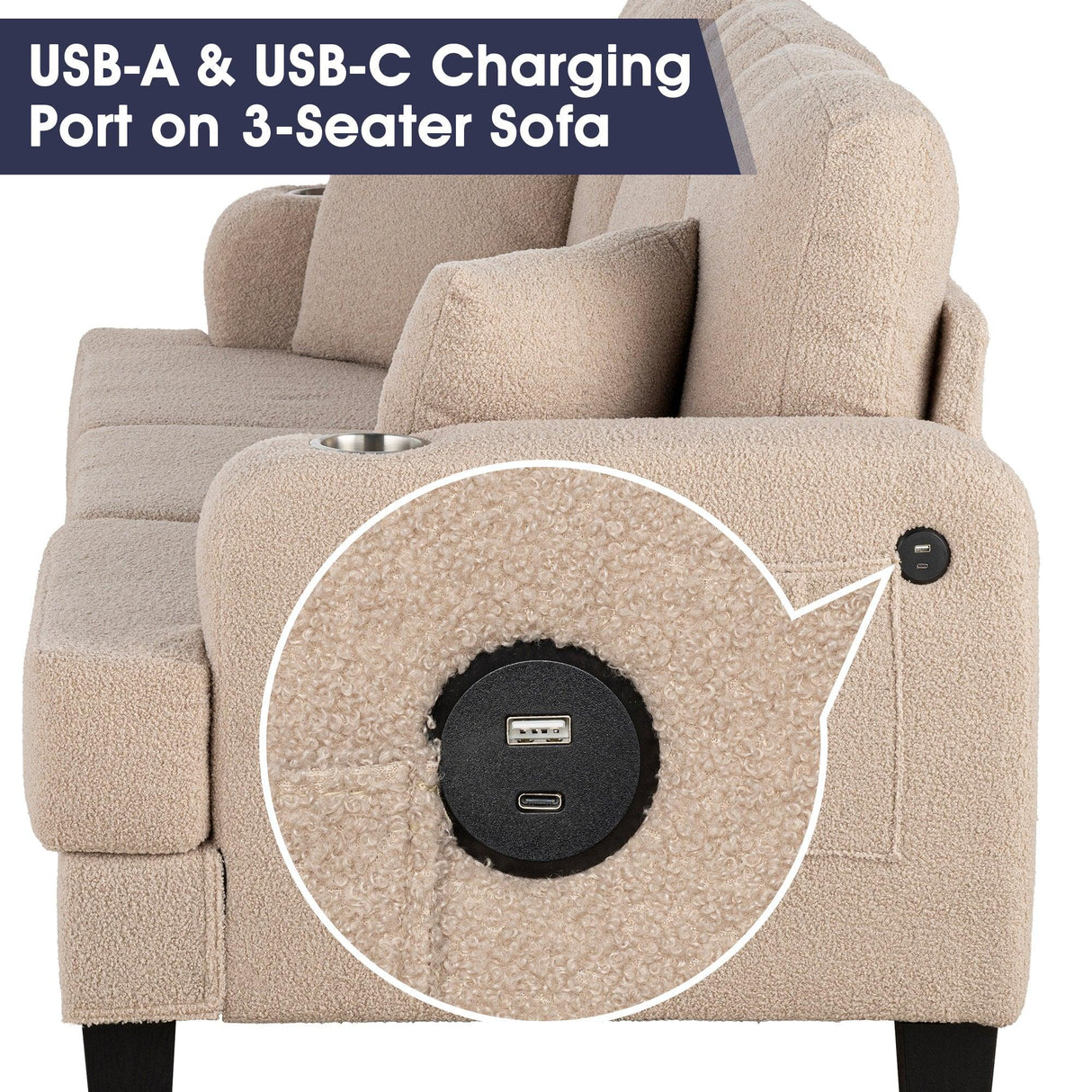 Beige 3-Piece Sofa Set with Storage Ottoman & USB Charging-Parc Decor