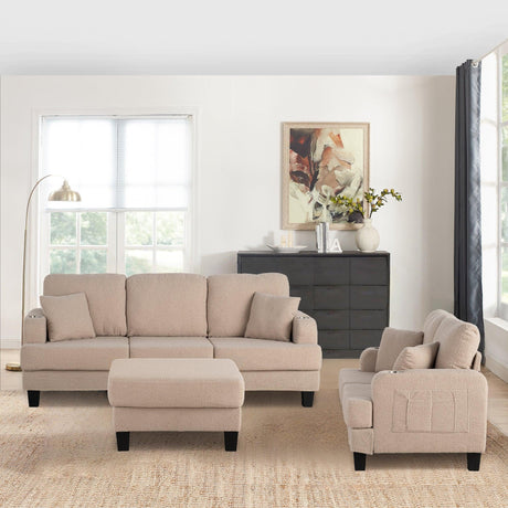 Beige 3-Piece Sofa Set with Storage Ottoman & USB Charging-Parc Decor