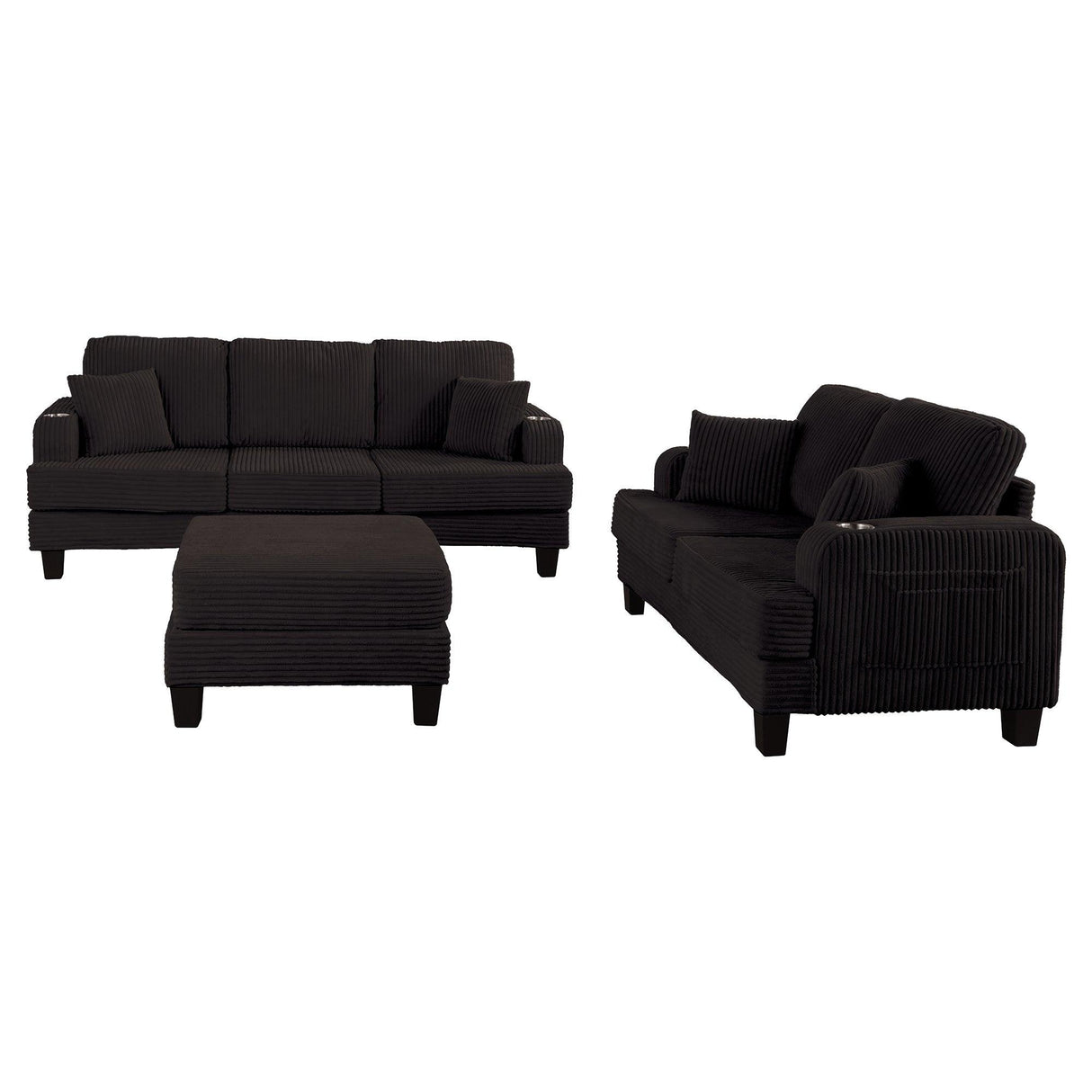Black 3 Piece Set Comfy Sofa Couch 3-Seater & Loveseat Sofa with Storage Ottoman for Living Room with USB, Side Pockets, Pillows included-Parc Decor