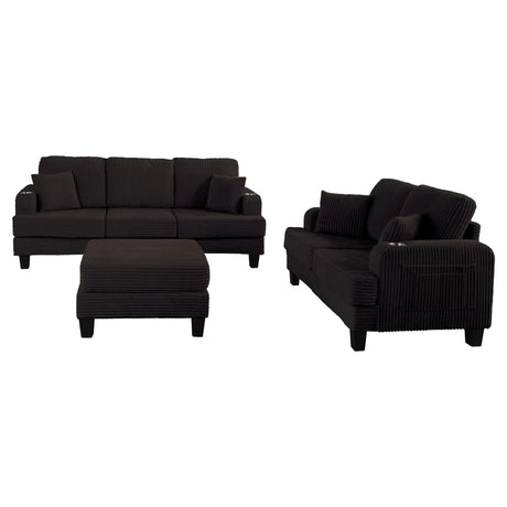 Black 3 Piece Set Comfy Sofa Couch 3-Seater & Loveseat Sofa with Storage Ottoman for Living Room with USB, Side Pockets, Pillows included-Parc Decor