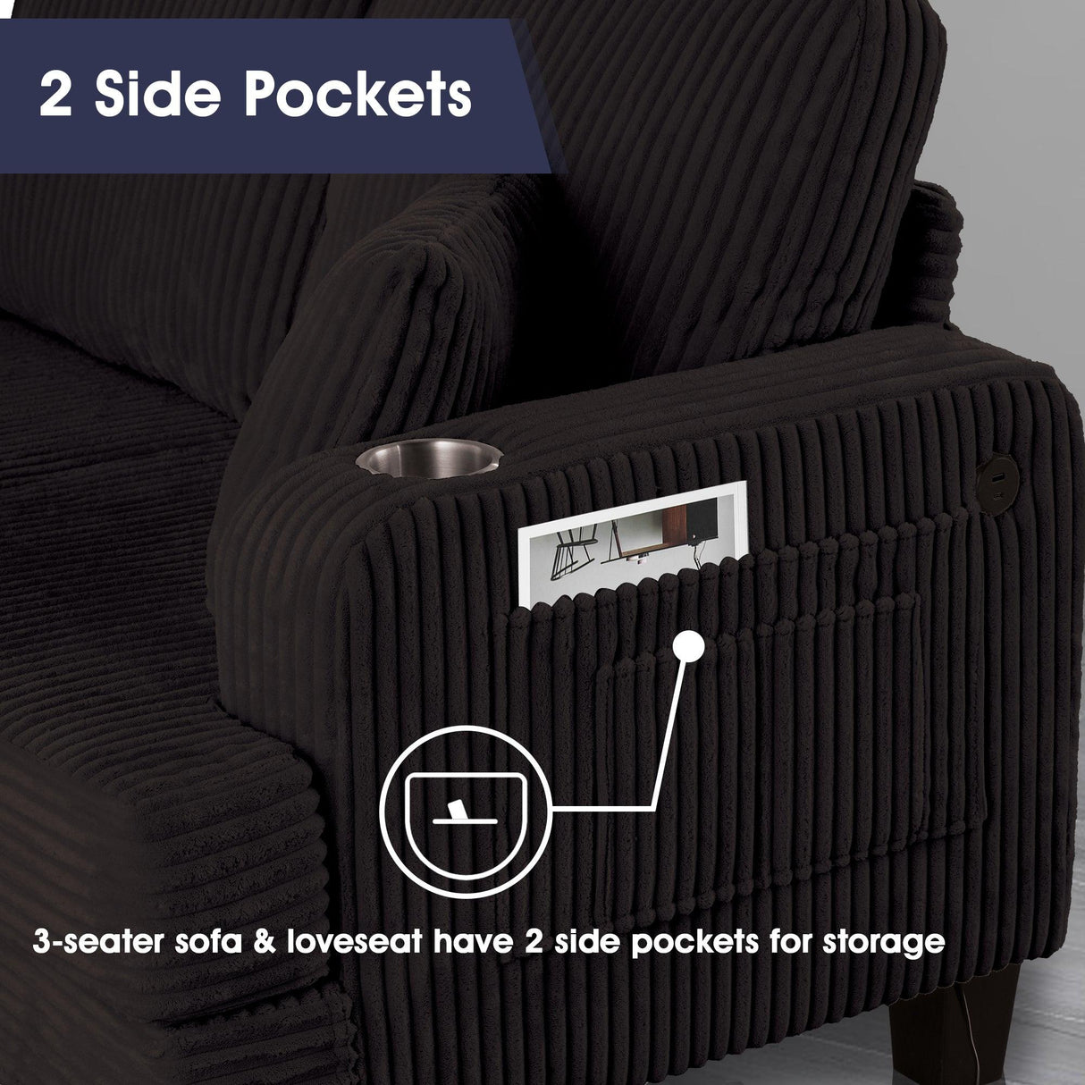 Black 3 Piece Set Comfy Sofa Couch 3-Seater & Loveseat Sofa with Storage Ottoman for Living Room with USB, Side Pockets, Pillows included-Parc Decor