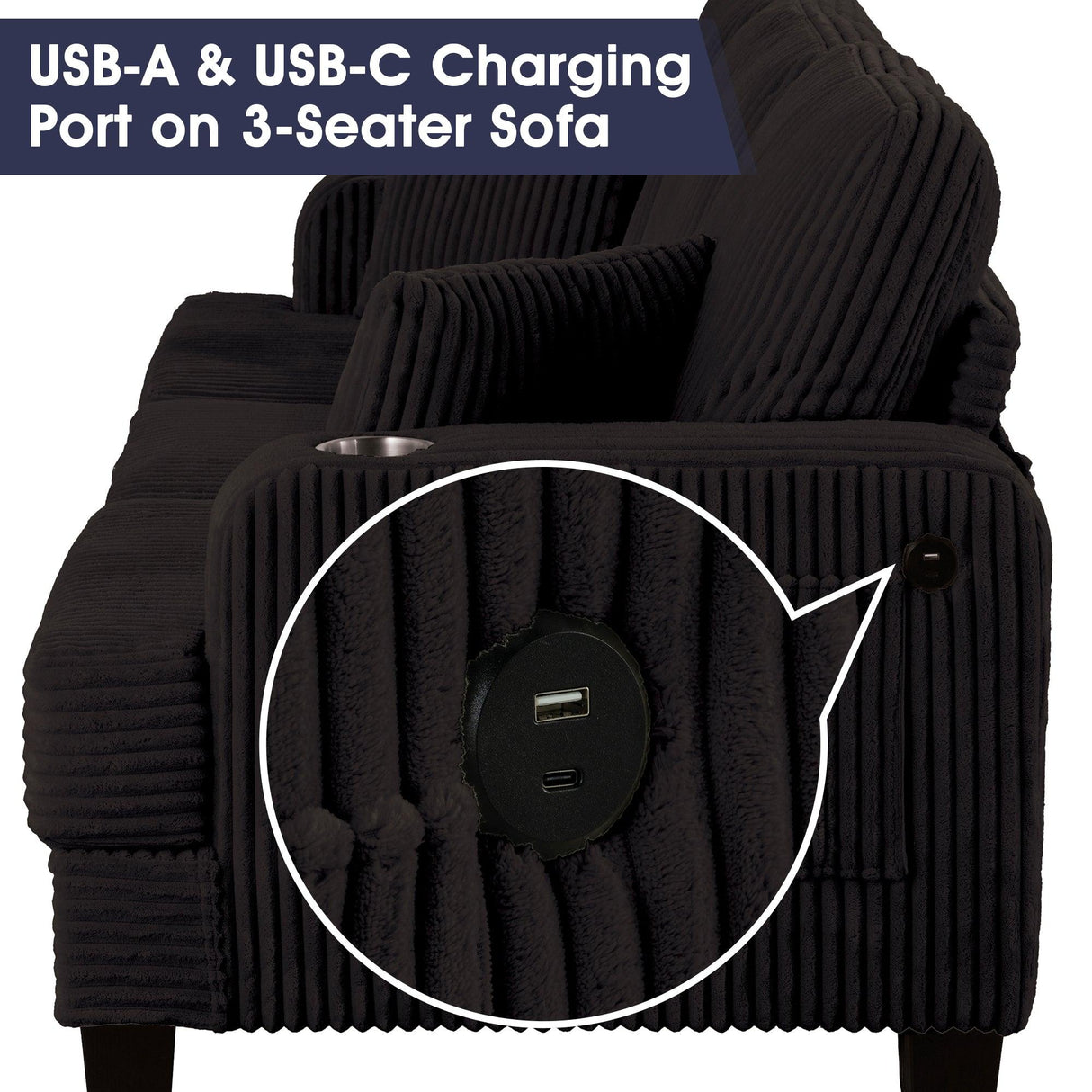 Black 3 Piece Set Comfy Sofa Couch 3-Seater & Loveseat Sofa with Storage Ottoman for Living Room with USB, Side Pockets, Pillows included-Parc Decor