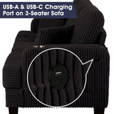 Black 3 Piece Set Comfy Sofa Couch 3-Seater & Loveseat Sofa with Storage Ottoman for Living Room with USB, Side Pockets, Pillows included-Parc Decor