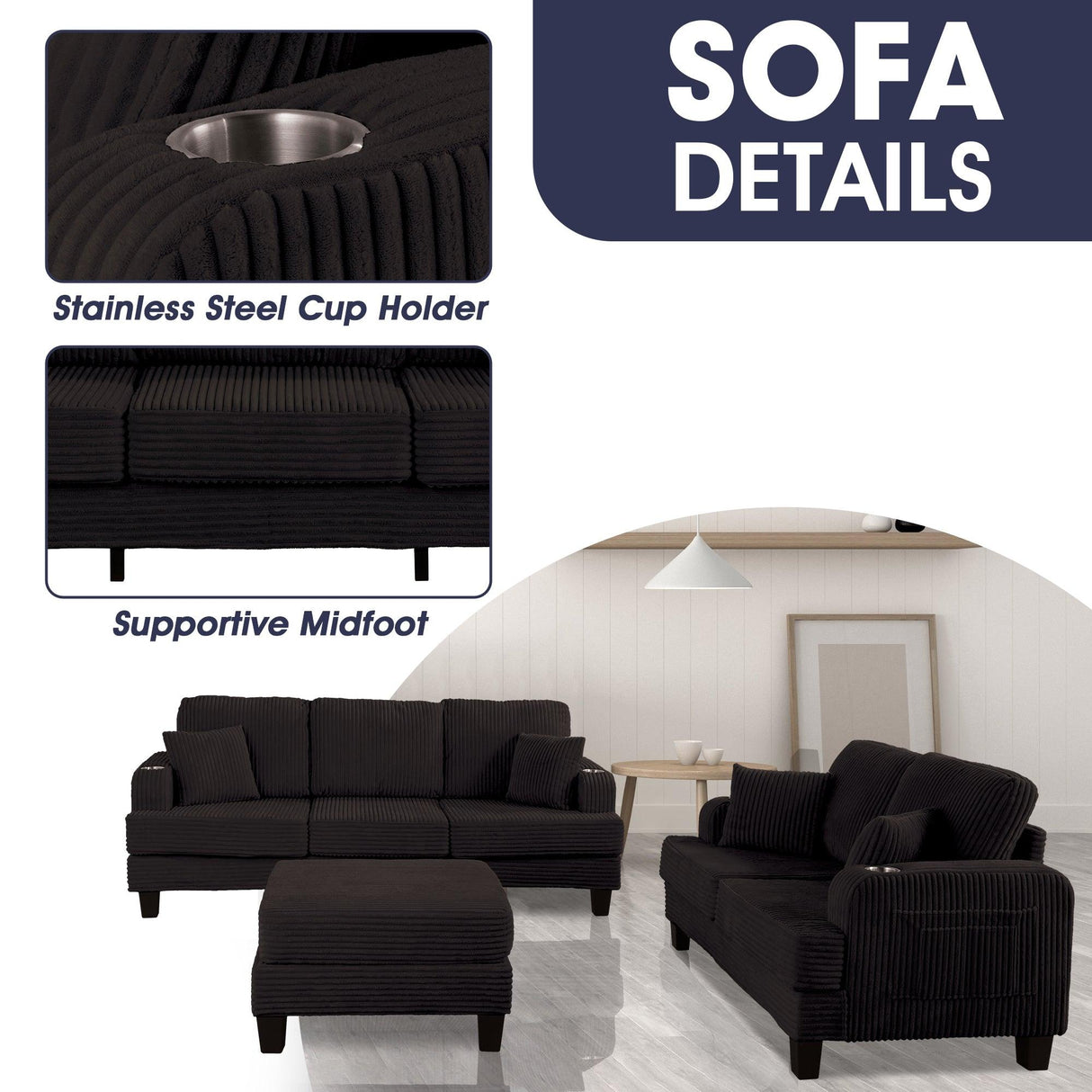 Black 3 Piece Set Comfy Sofa Couch 3-Seater & Loveseat Sofa with Storage Ottoman for Living Room with USB, Side Pockets, Pillows included-Parc Decor
