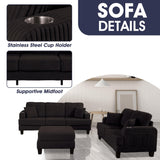 Black 3 Piece Set Comfy Sofa Couch 3-Seater & Loveseat Sofa with Storage Ottoman for Living Room with USB, Side Pockets, Pillows included-Parc Decor