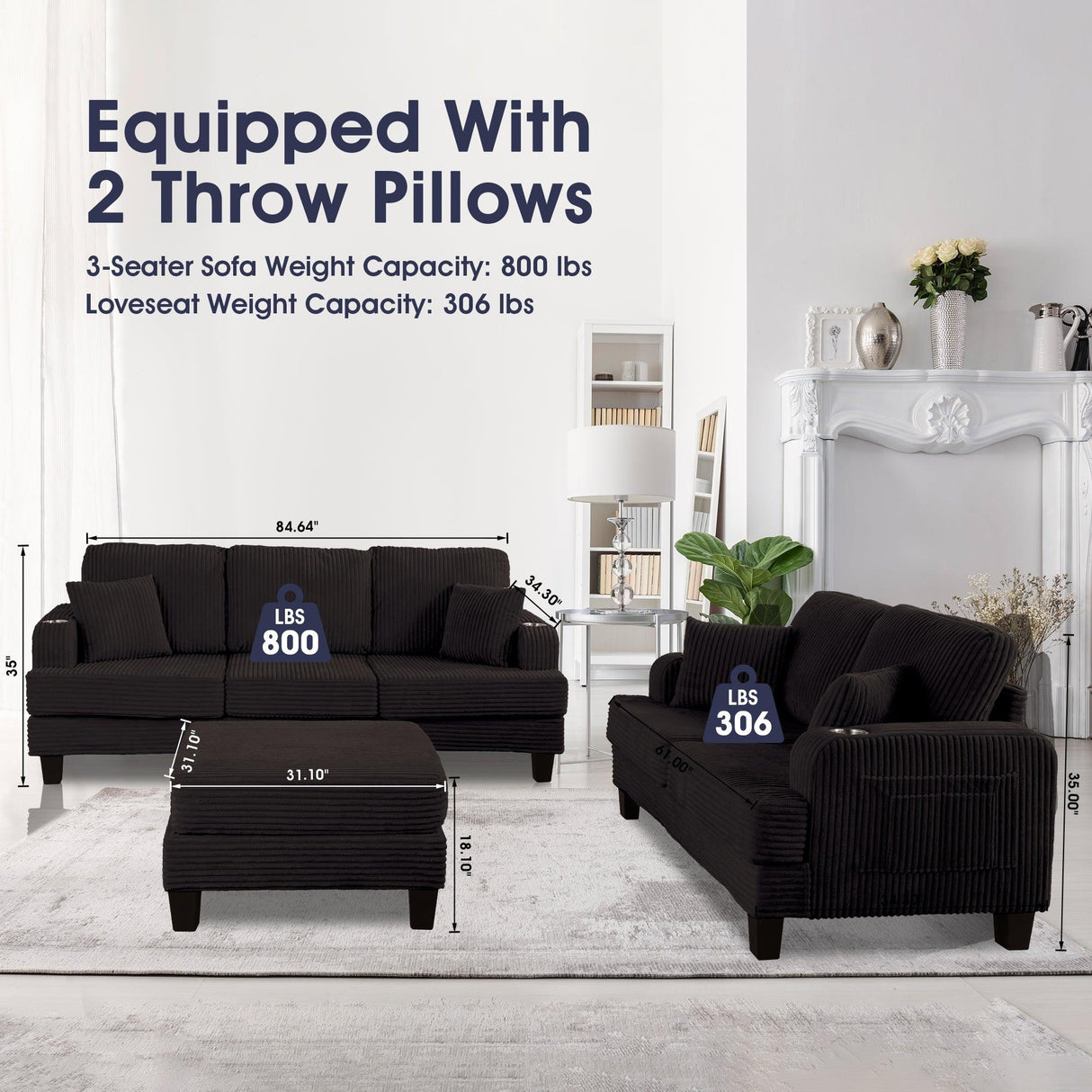 Black 3 Piece Set Comfy Sofa Couch 3-Seater & Loveseat Sofa with Storage Ottoman for Living Room with USB, Side Pockets, Pillows included-Parc Decor