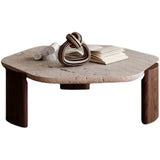 Borra Coffee Table: Octagonal travertine top with dark wood legs.