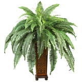 Boston Fern w/Decorative Wood Vase Silk Plant-Parc Decor