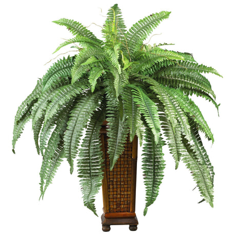 Boston Fern w/Decorative Wood Vase Silk Plant-Parc Decor