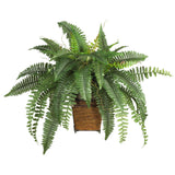 Boston Fern w/Wood Wicker Basket Silk Plant-Parc Decor