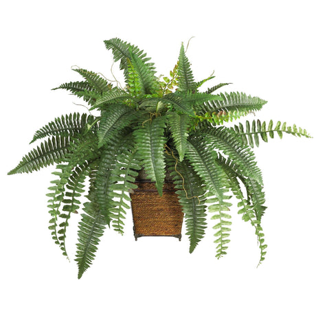 Boston Fern w/Wood Wicker Basket Silk Plant-Parc Decor