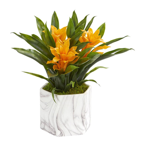 Bromeliad Artificial Plant in Marble Finished Vase-Parc Decor