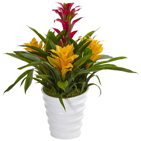Bromeliad in White Swirl Vase-Parc Decor