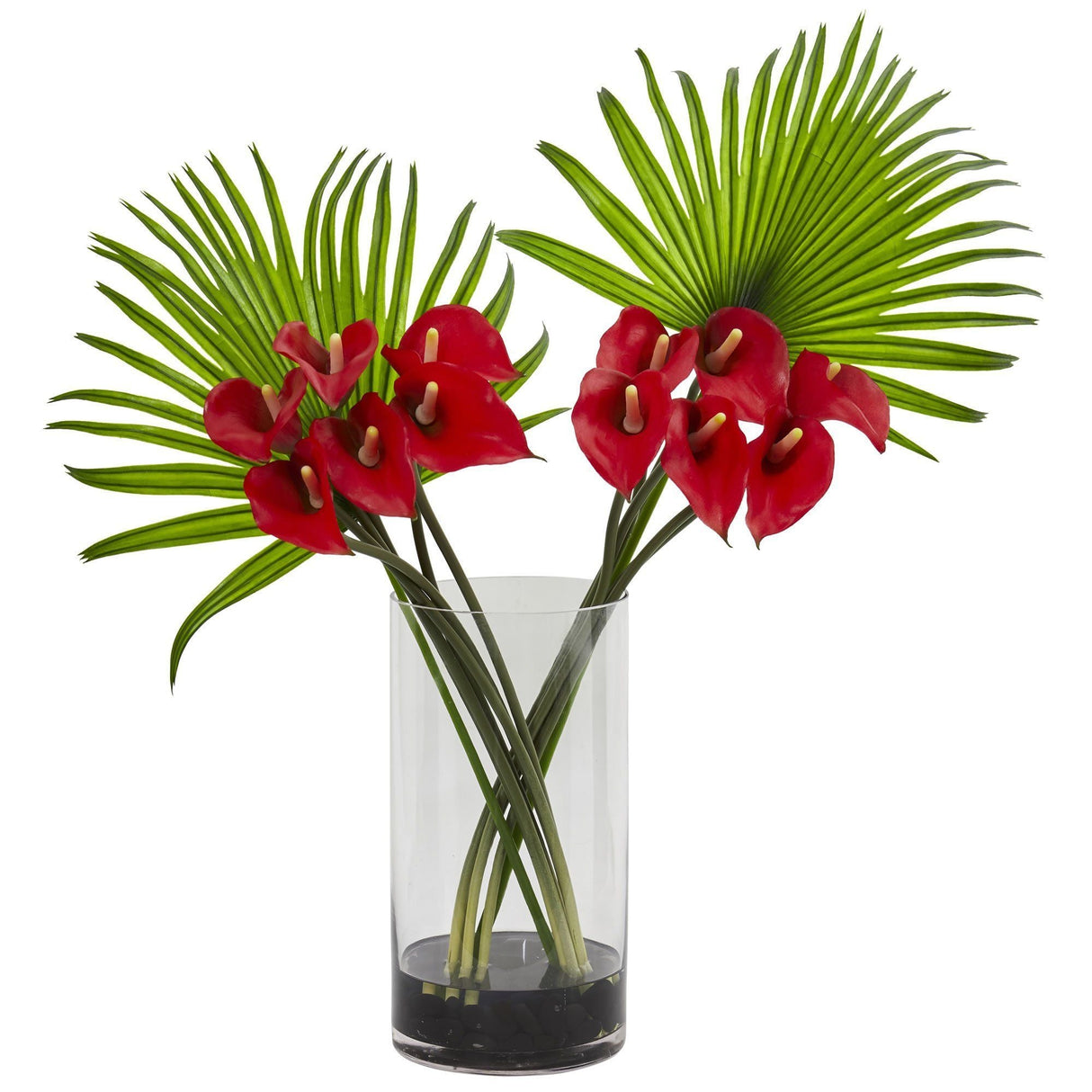 Calla Lily and Fan Palm Artificial Arrangement in Cylinder Glass-Parc Decor