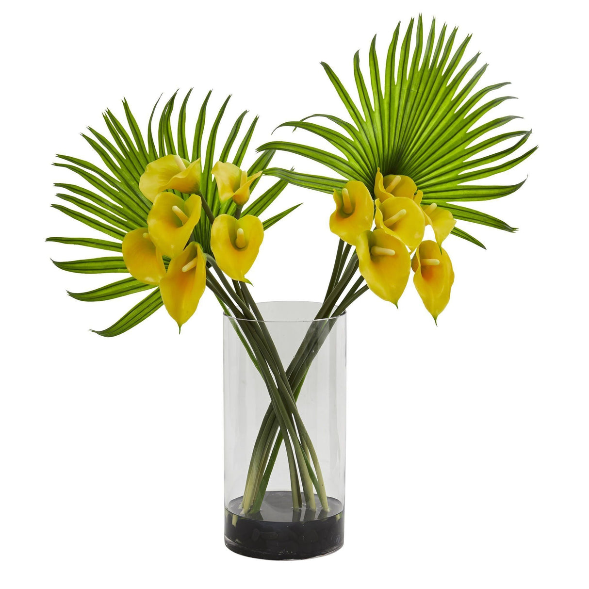 Calla Lily and Fan Palm Artificial Arrangement in Cylinder Glass-Parc Decor