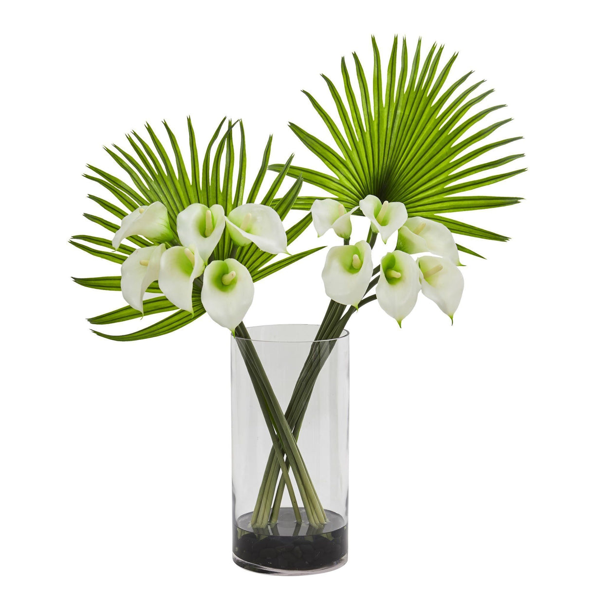 Calla Lily and Fan Palm Artificial Arrangement in Cylinder Glass-Parc Decor