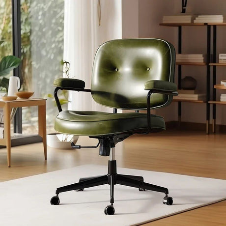 Cresco office chair in green faux leather with black frame, armrests, and five-wheel base.