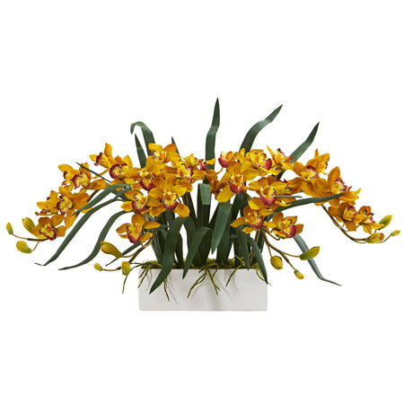 Cymbidium Artificial Arrangement in White Vase-Parc Decor