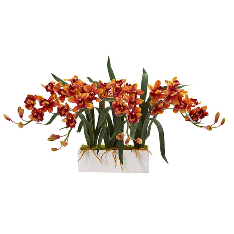 Cymbidium Artificial Arrangement in White Vase-Parc Decor