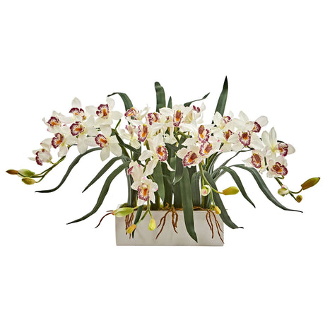 Cymbidium Artificial Arrangement in White Vase-Parc Decor