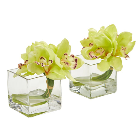 Cymbidium Orchid Artificial Arrangement in Glass Vase (Set of 2)-Parc Decor