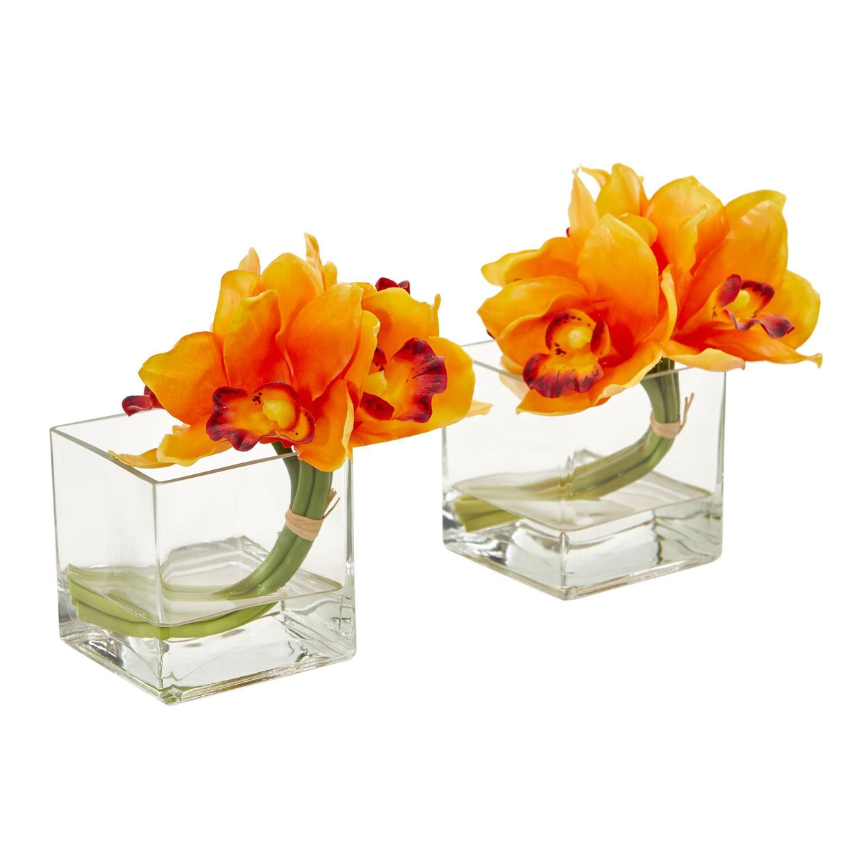 Cymbidium Orchid Artificial Arrangement in Glass Vase (Set of 2)-Parc Decor
