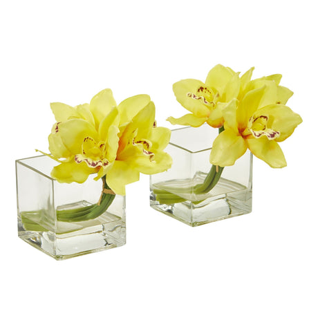 Cymbidium Orchid Artificial Arrangement in Glass Vase (Set of 2)-Parc Decor