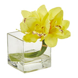 Cymbidium Orchid Artificial Arrangement in Glass Vase (Set of 2)-Parc Decor