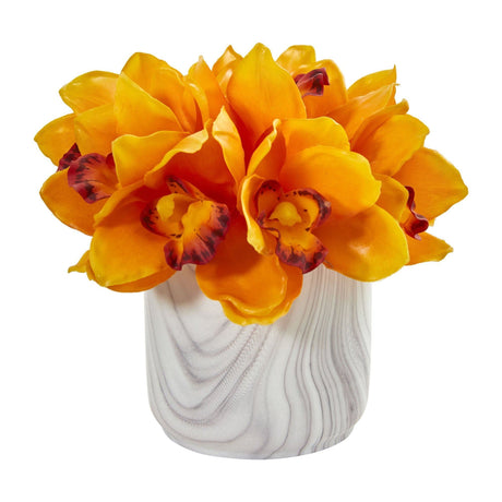 Cymbidium Orchid Artificial Arrangement in Marble Vase-Parc Decor