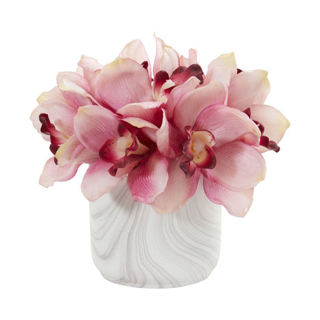 Cymbidium Orchid Artificial Arrangement in Marble Vase-Parc Decor