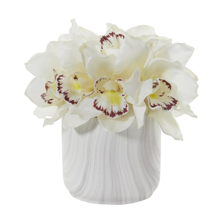 Cymbidium Orchid Artificial Arrangement in Marble Vase-Parc Decor
