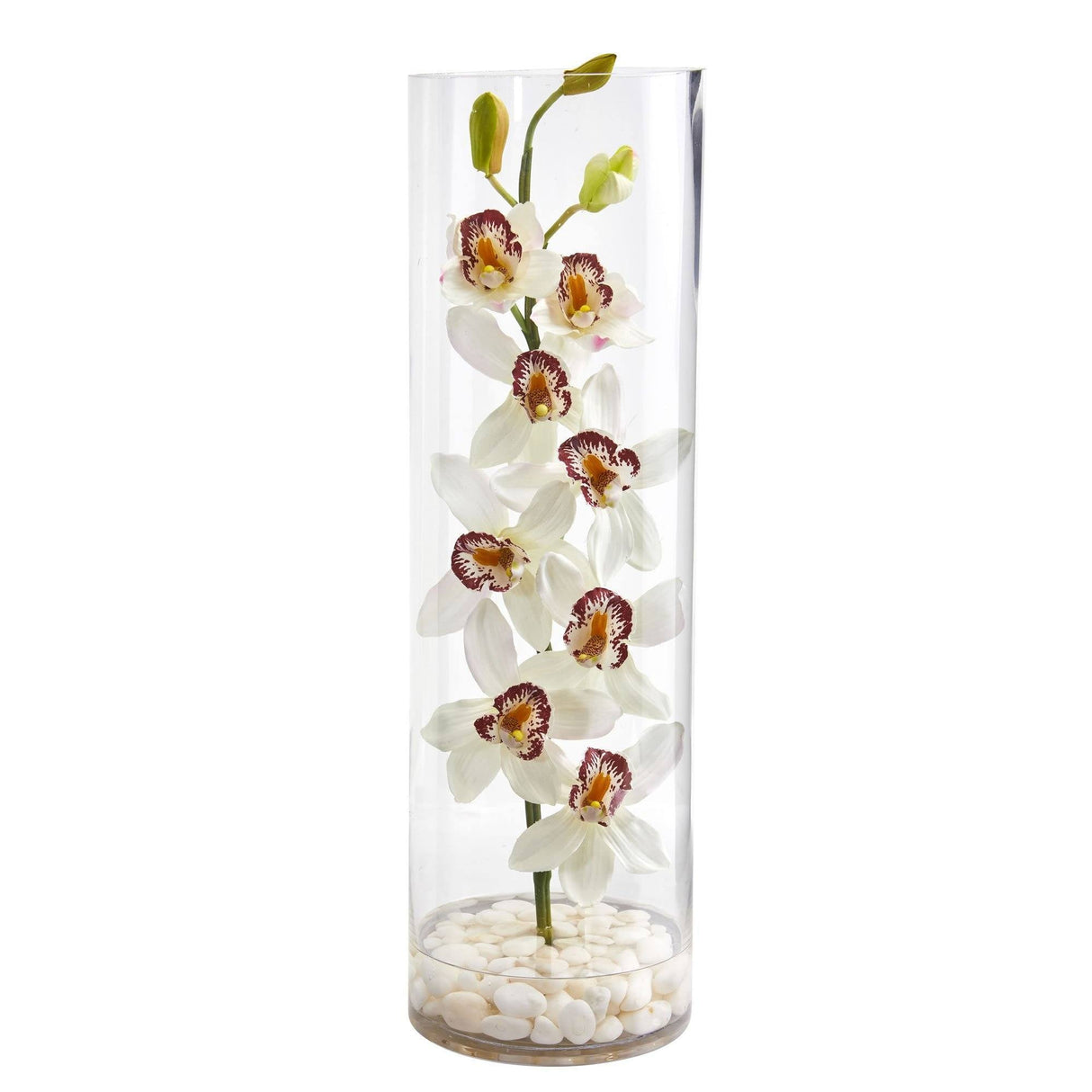 Cymbidium Orchid Artificial Arrangement in Tall Cylinder Vase-Parc Decor