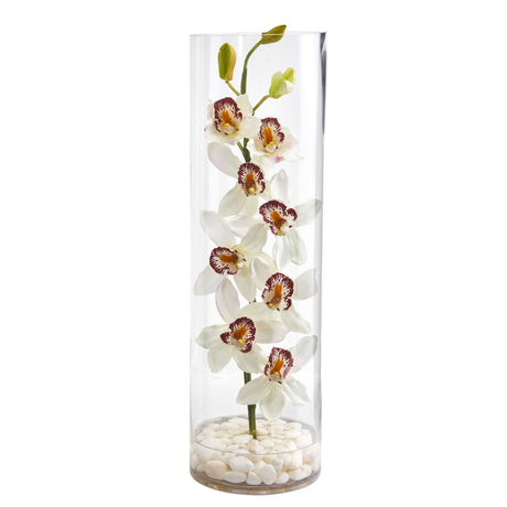 Cymbidium Orchid Artificial Arrangement in Tall Cylinder Vase-Parc Decor