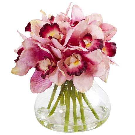 Cymbidium Silk Orchid Artificial Arrangement in Glass Vase-Parc Decor